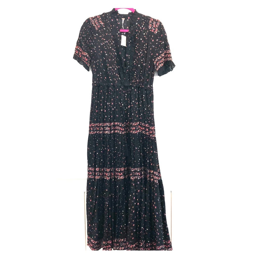 Free People Black Maxi Dress with Pink Floral Print